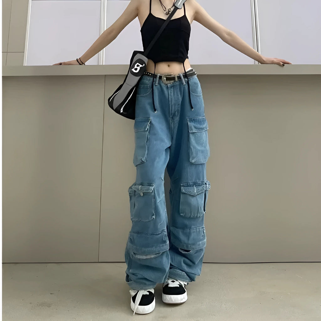 Women's tie-dyed high waist wide leg jeans with multiple pockets in street hipster style