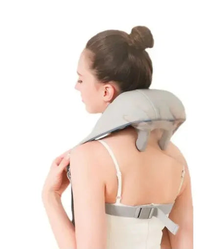 Milky white rechargeable shoulder and neck kneading massager with infrared function.