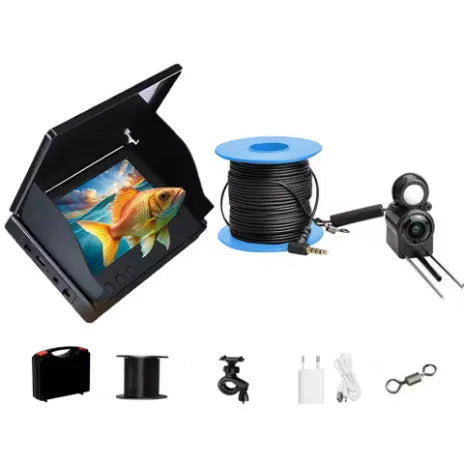 Fish finder underwater camera with 4.3-inch screen, night vision lights, and long cable on a fishing boat.