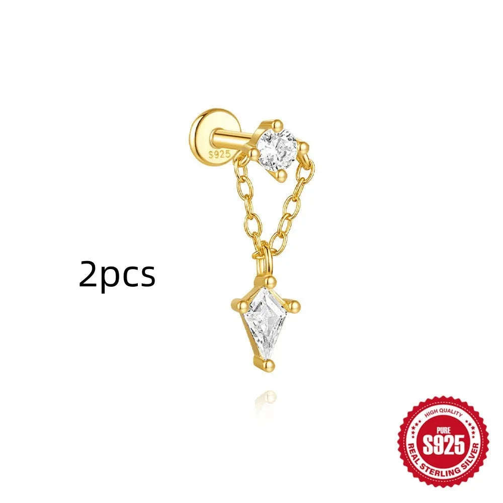 S925 sterling silver geometric kite earring with rhinestone chain tassel in gold colour.