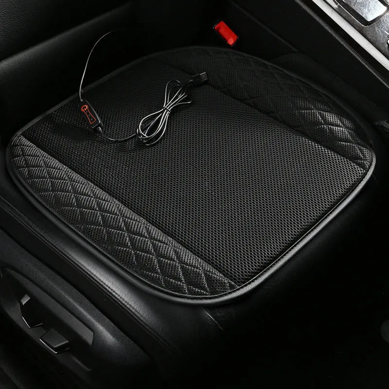 Ventilated car seat cushion with USB connection showing fan vents and suede material in black colour