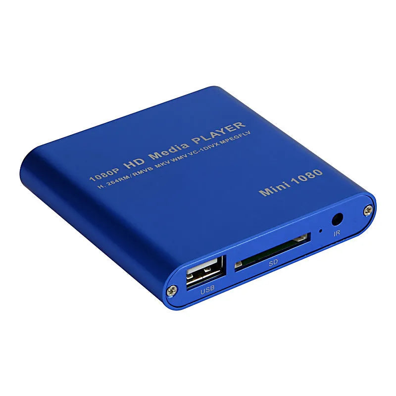 Compact black or blue 1080P HDMI media player with USB and SD card ports.