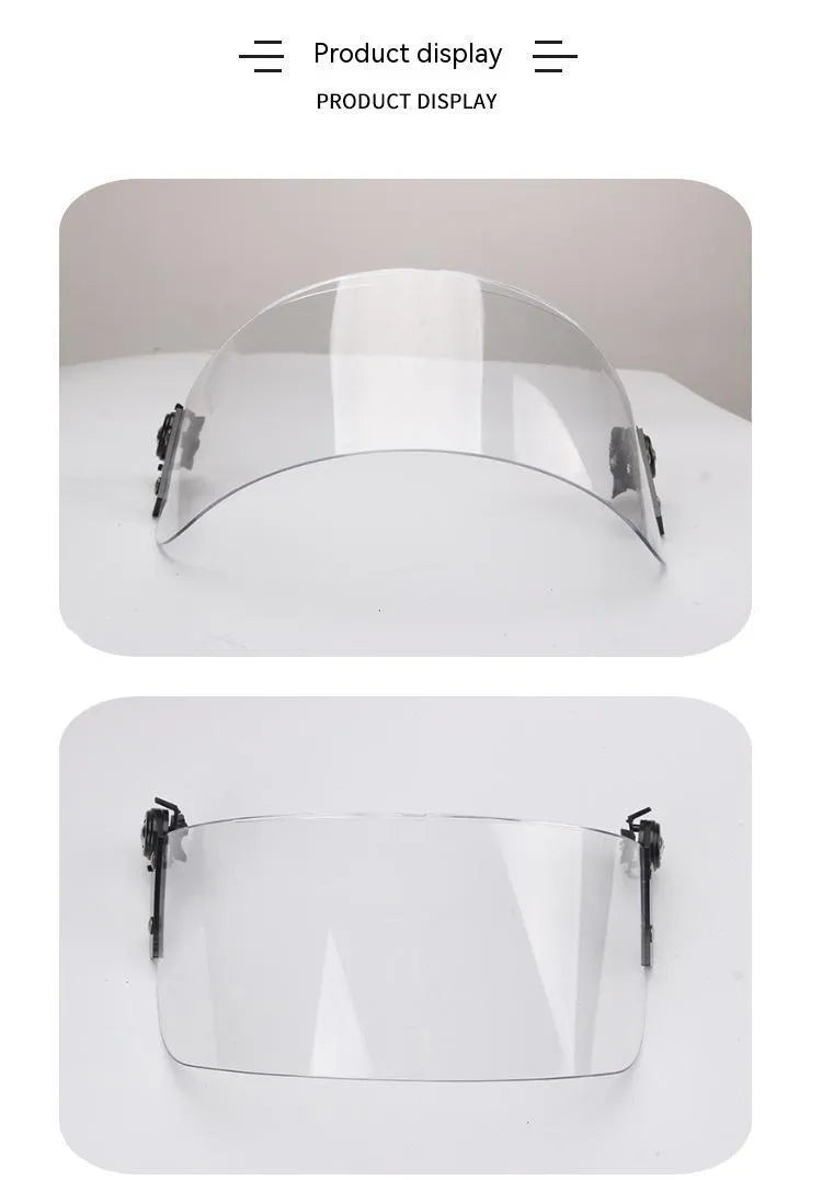 Transparent windproof explosion-proof face mask with guide rail for helmet mounting.