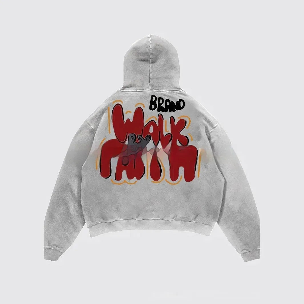 Women's granny grey hoodie with vintage letter print showing front view and pocket detail