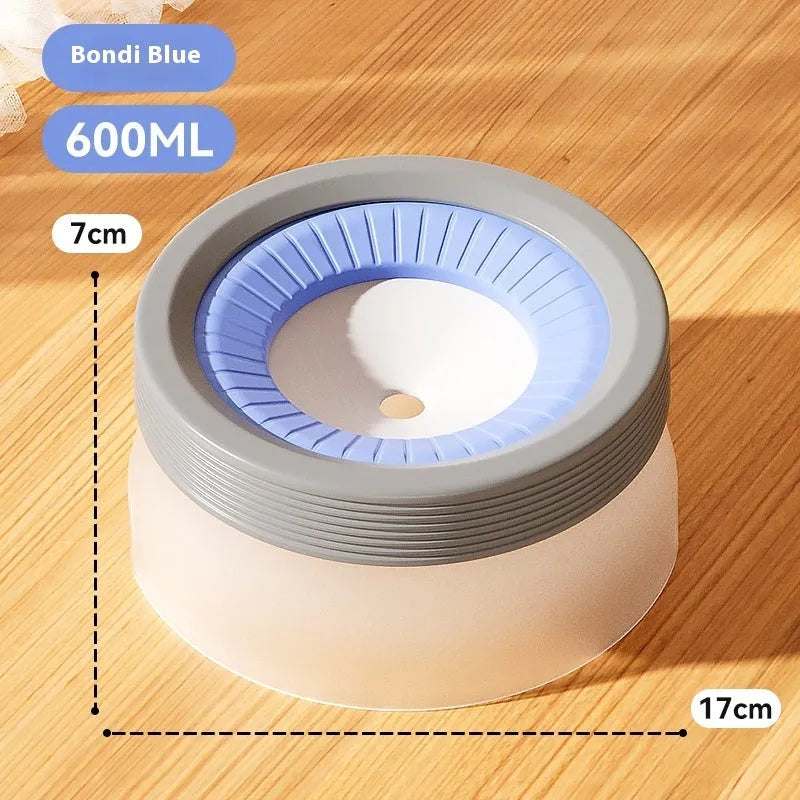 Suspended pet water bowl with non-wet mouth design in blue, green, and brown colours