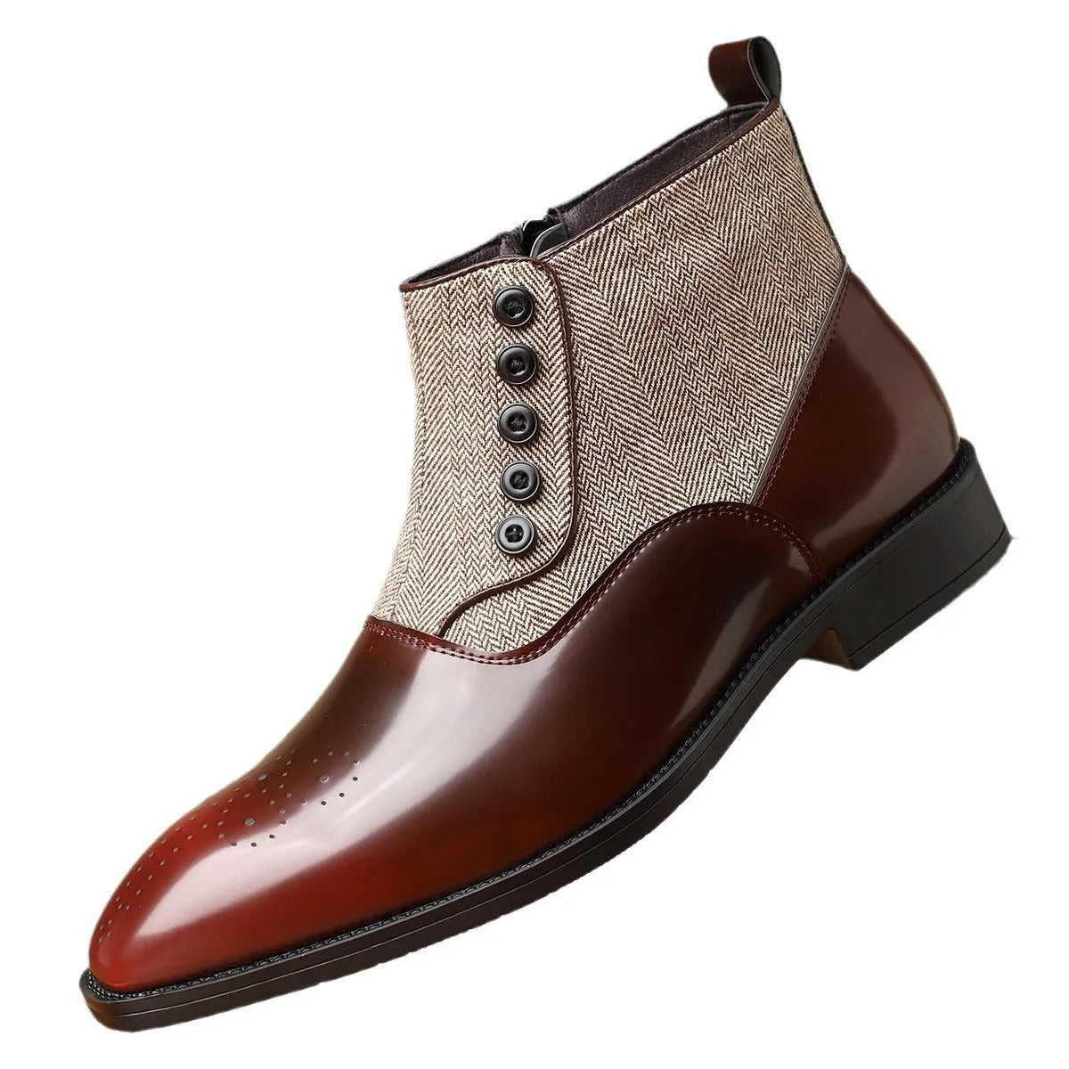 Men's brown and green retro business formal shoes with side zipper and square toe.