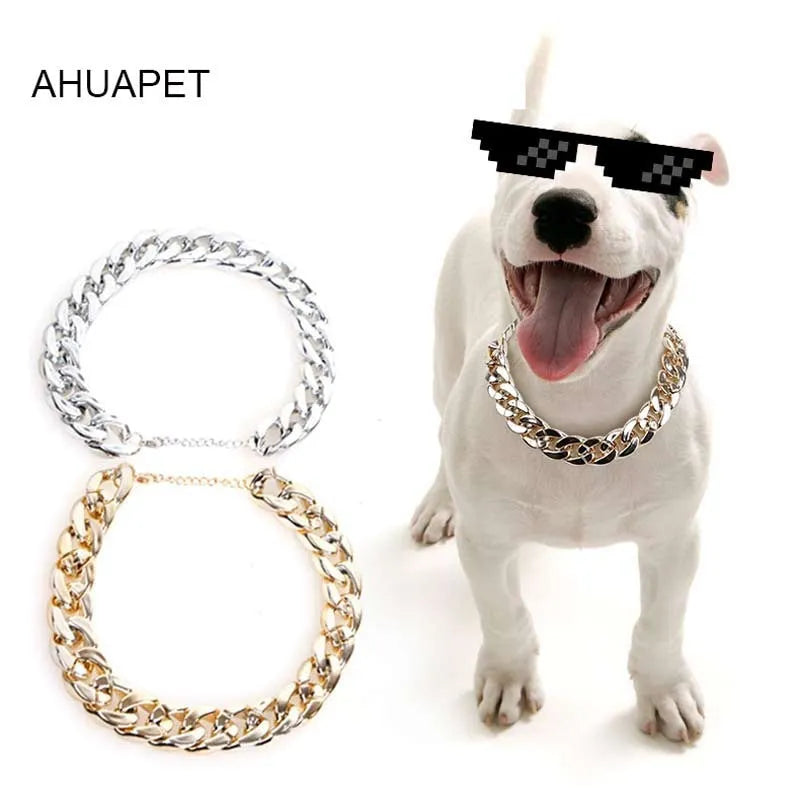 Gold colour chain-style dog collar necklace ornament with geometric design for small to medium dogs
