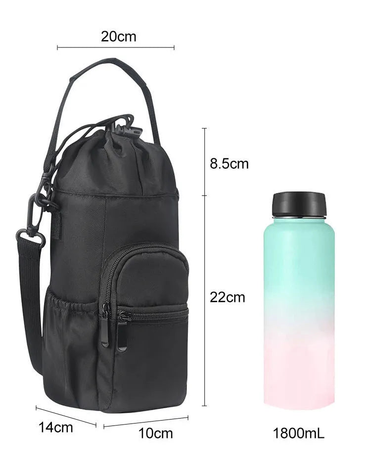 Canvas water bottle shoulder bag with crossbody strap in black, green, and pink colour options