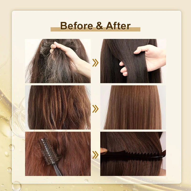Yellow 50ml bottle of curly hair repair essential oil for split ends and perm damage care