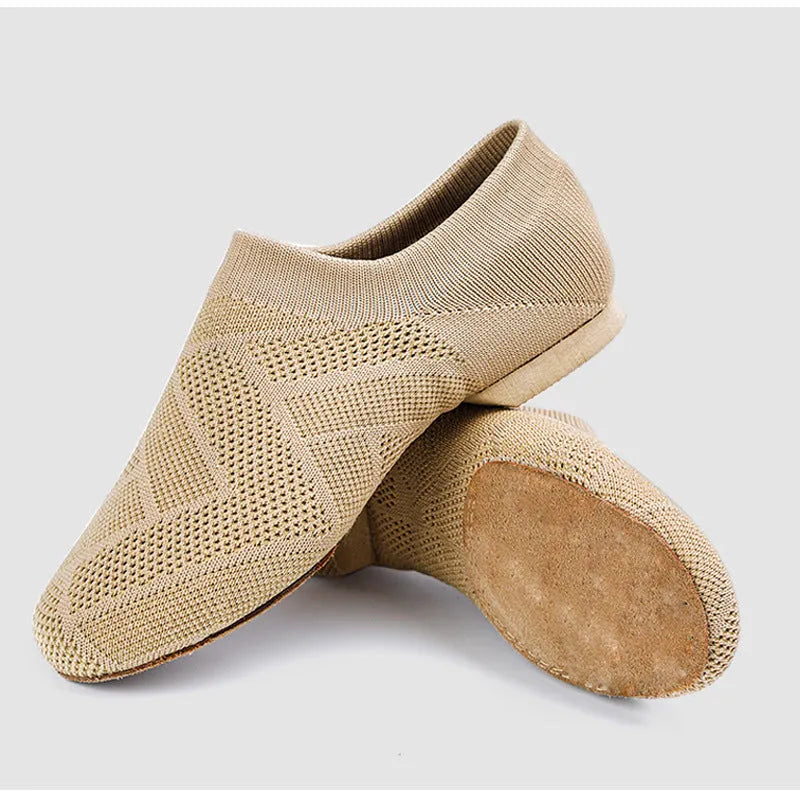 Camel colour Latin dance shoes with cotton mesh upper and leather sole for contemporary dance