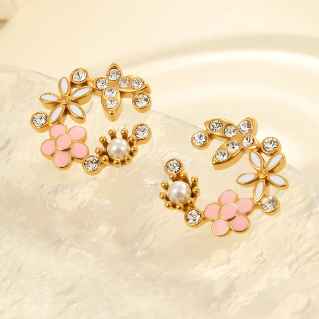 Gold flower stud earrings with petal design on stainless steel backing