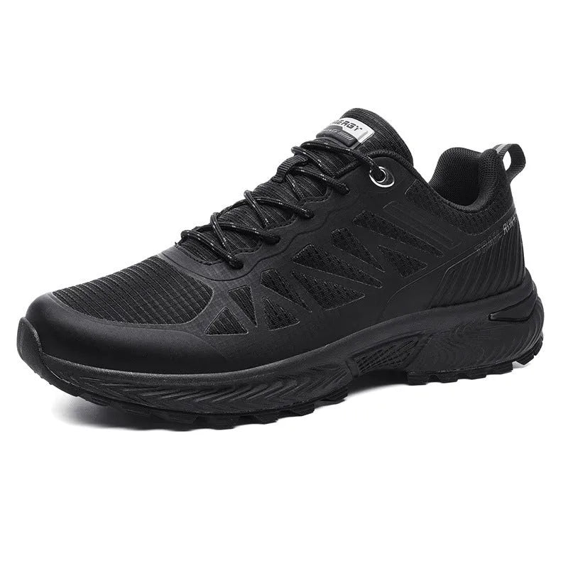 Men's black breathable mesh outdoor running shoe with round toe and flat heel on a white background.