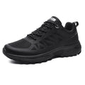 Men's black breathable mesh outdoor running shoe with round toe and flat heel on a white background.