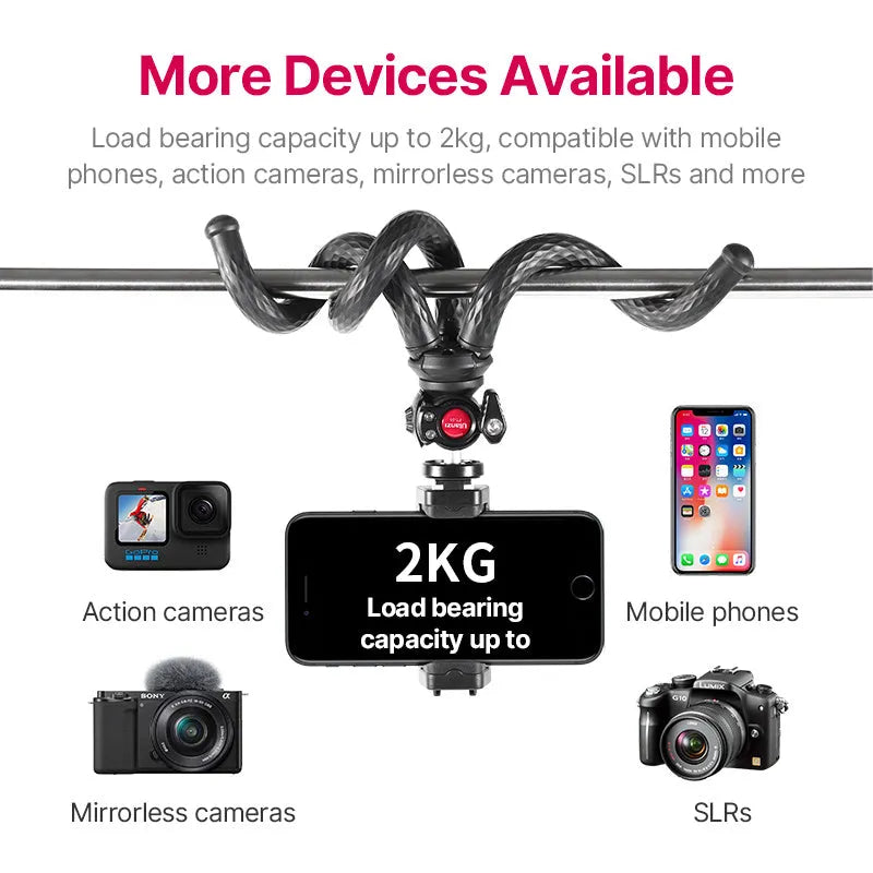 Black octopus-style aluminium alloy tripod with phone clip extended to 360mm length.