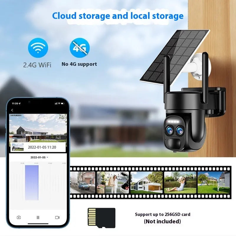Solar-powered outdoor surveillance camera with 8x zoom lens on a mounting bracket.