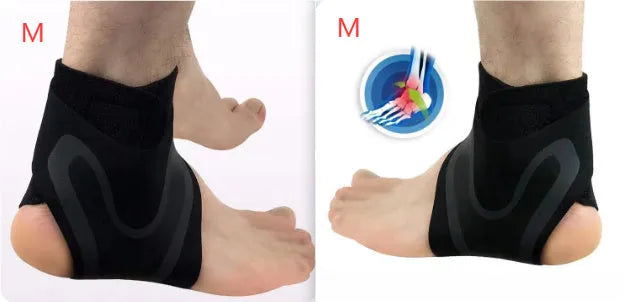 Adult ankle support brace for sports sprain recovery in sizes M, L, and XL.