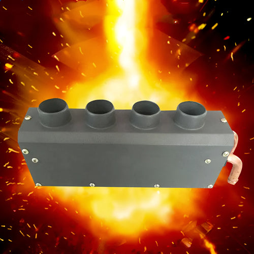 Metal car heater unit with copper pipe radiator for 12V and 24V vehicle installation.
