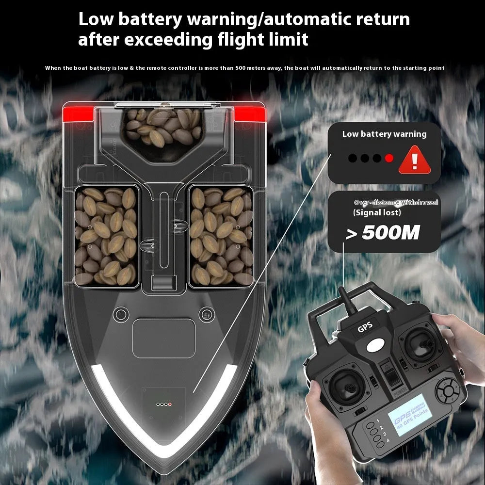 Black GPS remote control fishing boat with antenna and bait compartment