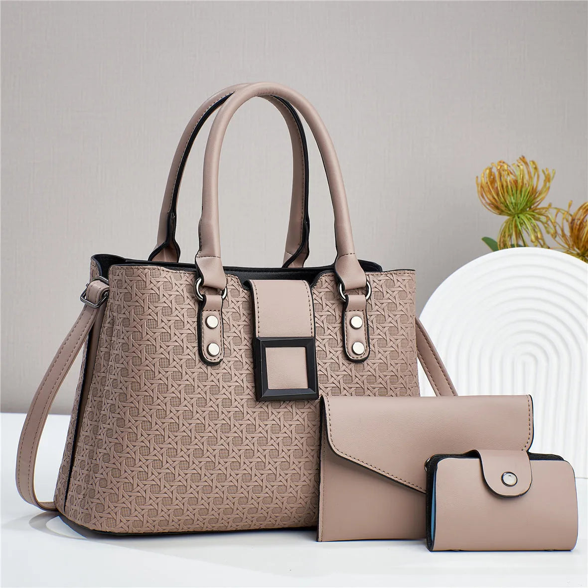 Three-piece women's crossbody bag in textured PU with square shape and open pocket