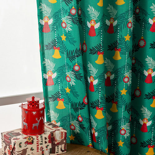 Green printed Christmas curtain with cartoon snowman and angel figures pattern