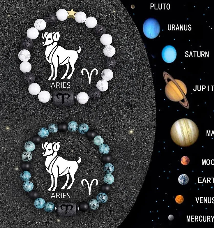 Natural stone beaded zodiac bracelet set showing twelve astrological signs