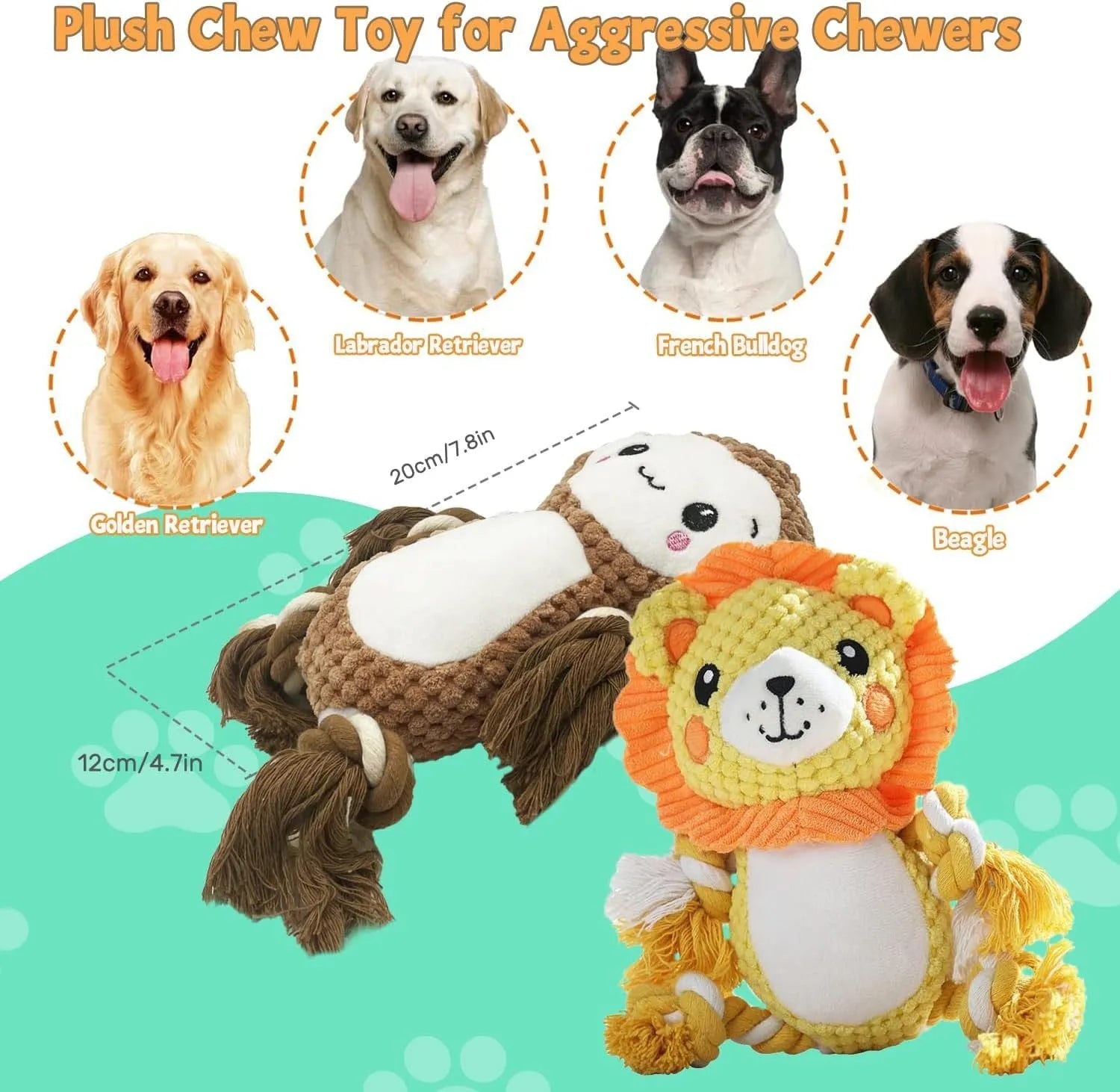 Lion and monkey plush squeaky dog toys showing size difference, with measurement indicators