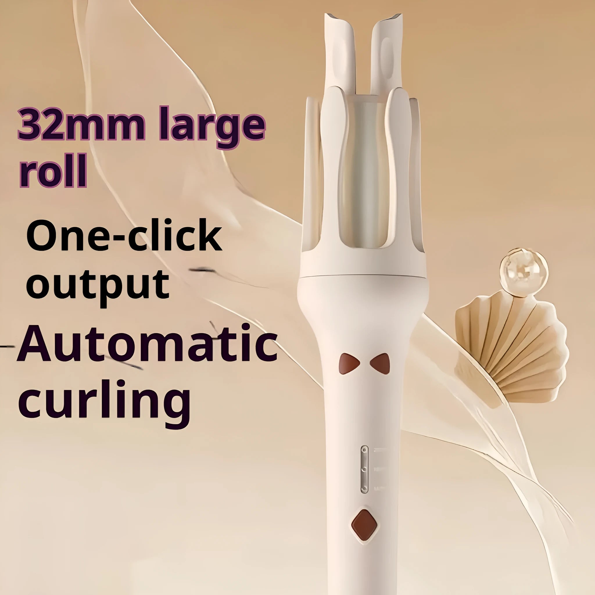 White automatic hair curler with 32mm barrels showing pink and purple colour options