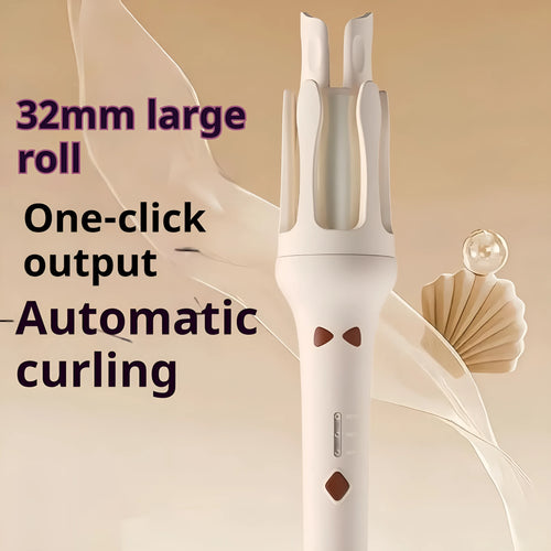White automatic hair curler with 32mm barrels showing pink and purple colour options