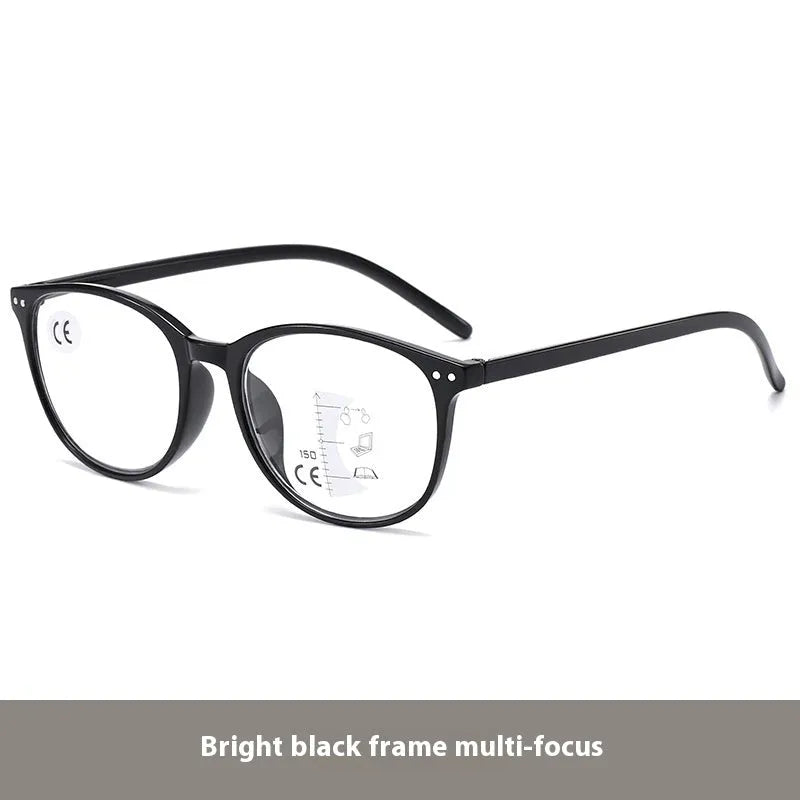 A pair of women's ultra-light multi-focus presbyopic glasses with a choice of frame colours on a plain background.