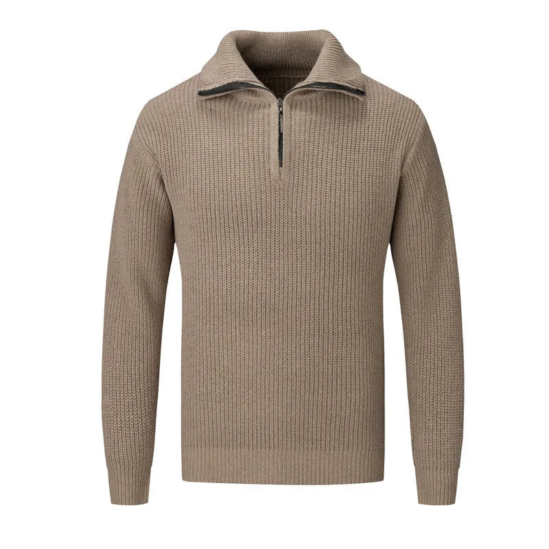 Men's solid colour slim fit pullover sweater on a hanger.