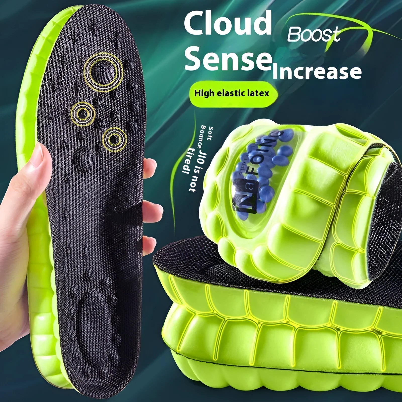 Green sports massage insoles with PU air cushion and argy wormwood material