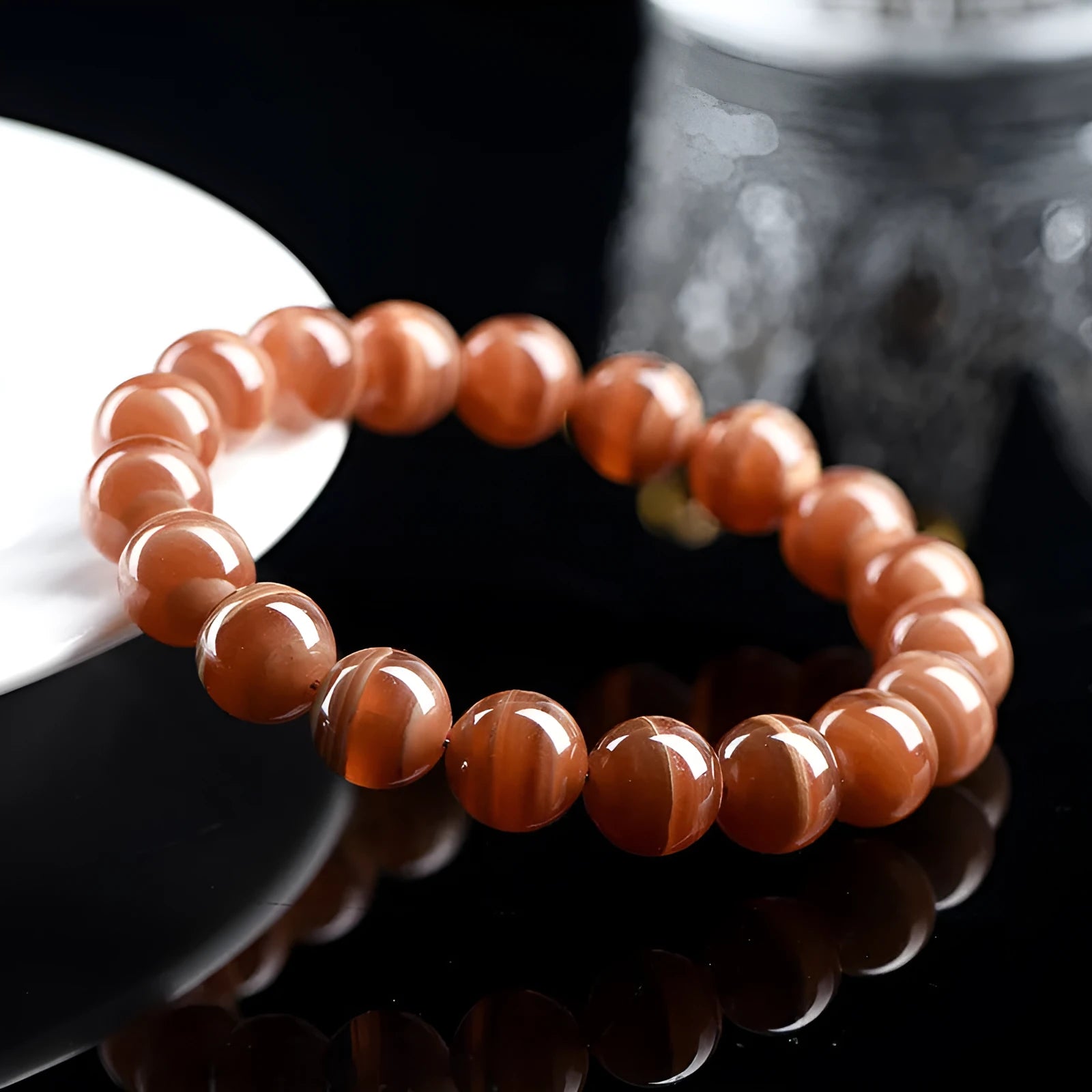 Natural Old Mine Rhodochrosite round beads bracelet with Ruyi design elements