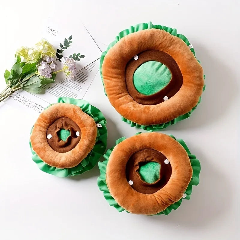 Plush burger headdress collar for pets with lettuce, cheese, and bun details in three sizes