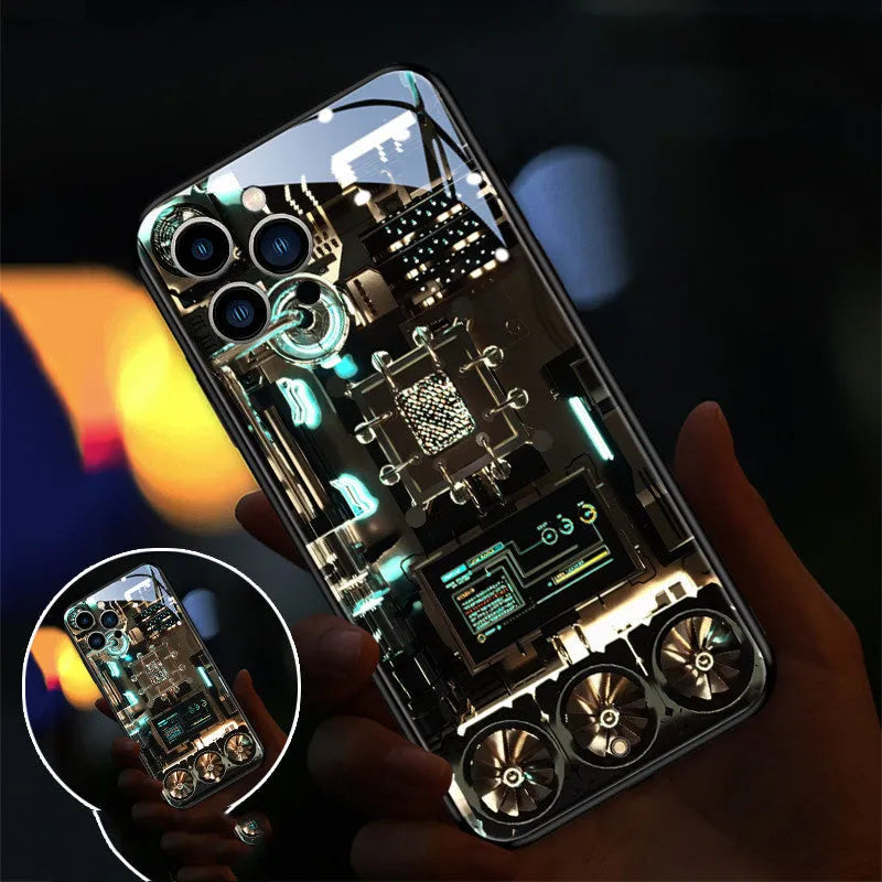 Tempered glass iPhone 14 case with incoming light notification around camera cutout.