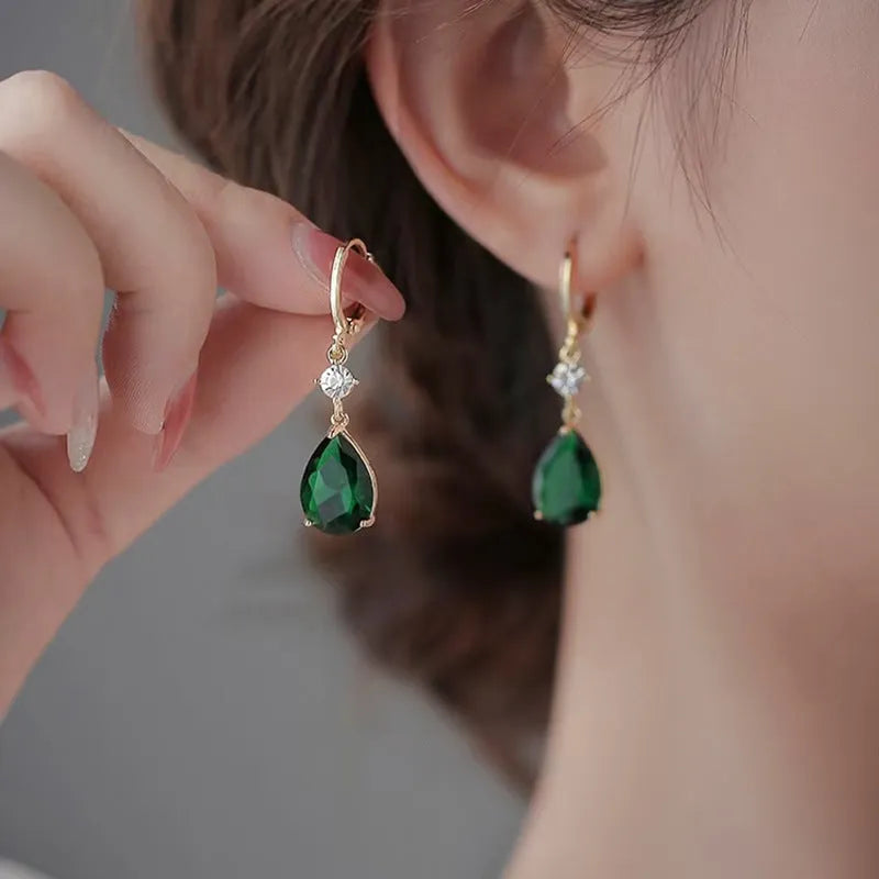 Geometric green alloy teardrop drop earrings with emerald colour and lightweight construction