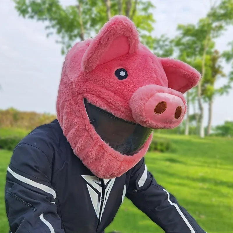 Pinkpig cartoon design plush helmet protective hood covering a motorcycle helmet