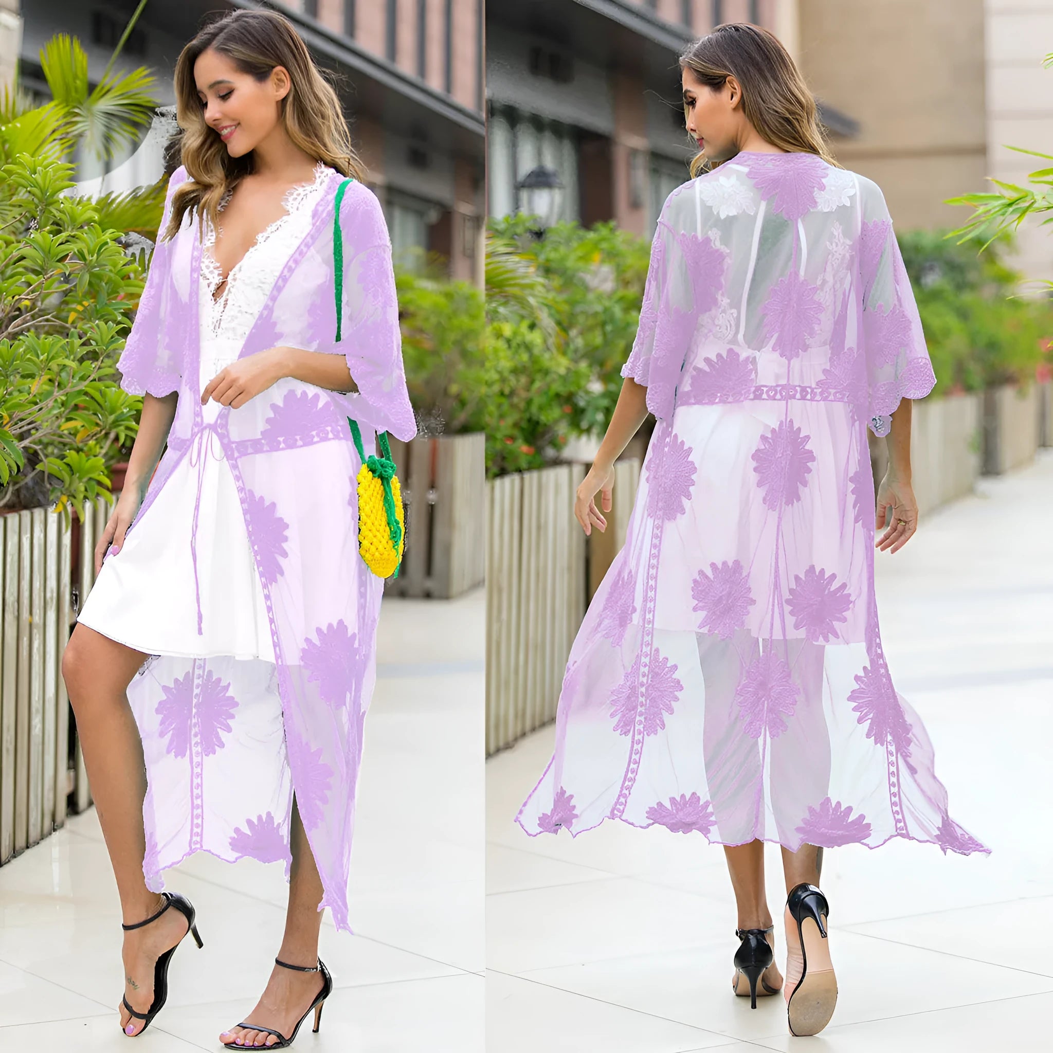 Light purple beach cardigan with lace embroidery detail, shown as beachwear cover-up