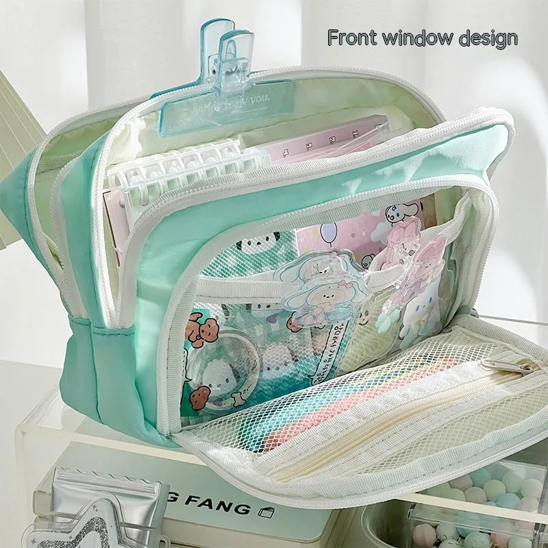 Double layer fabric pencil case in blue, cream, green or pink with gift handle