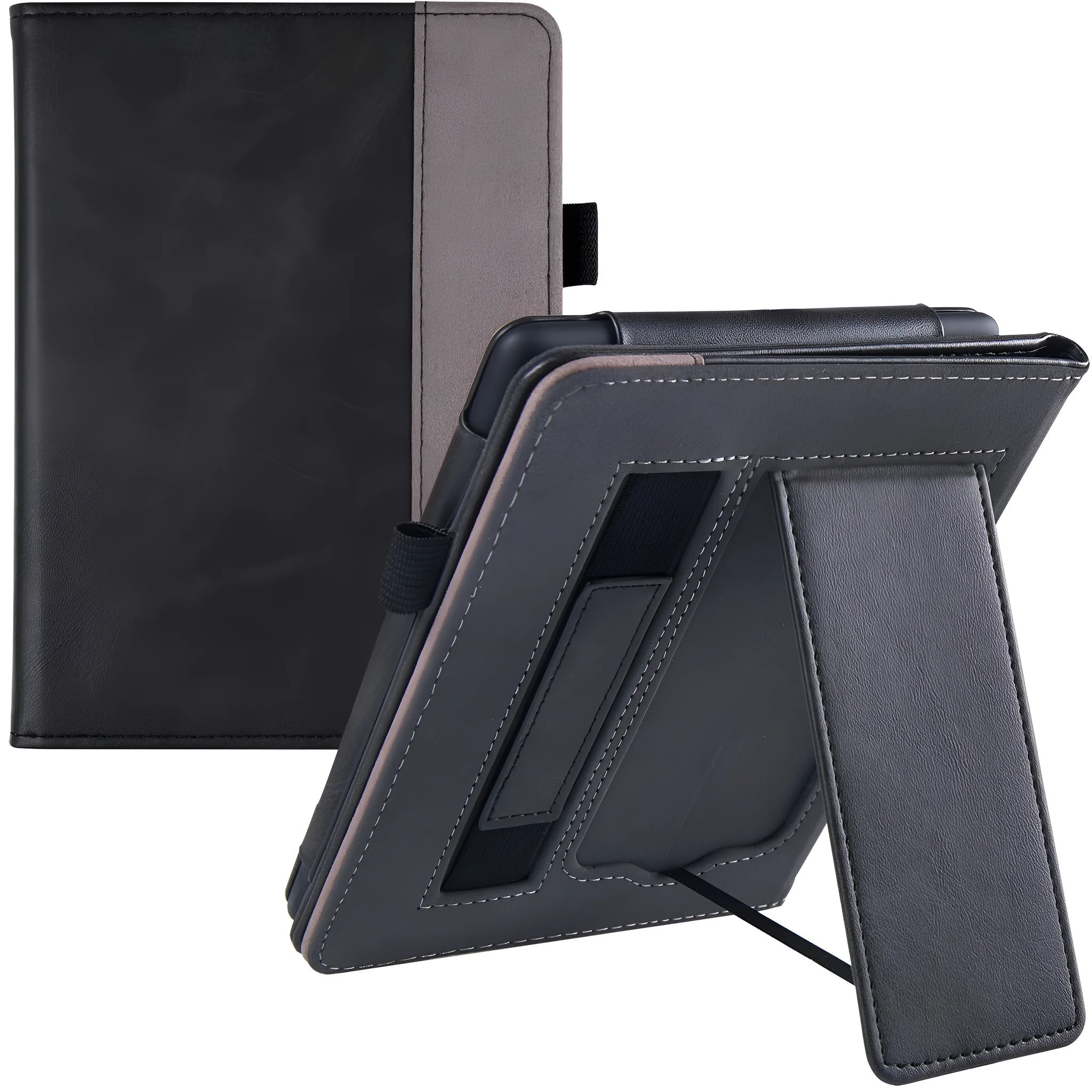 Kindle Paperwhite 5 leather case showing hand strap bracket and magnetic closure in a choice of colours and designs.