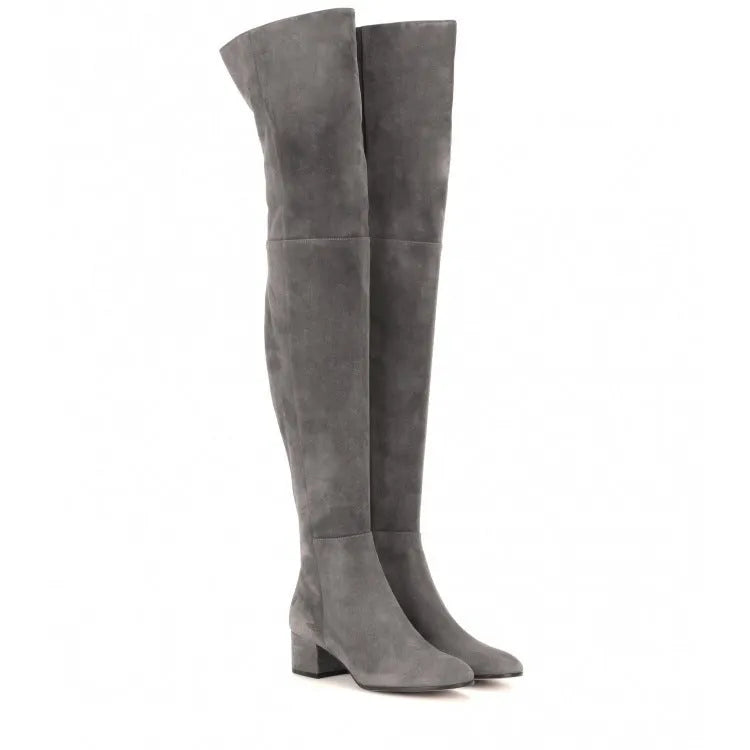 Grey suede women's over-the-knee flat boots with pointed toe and low thick heel