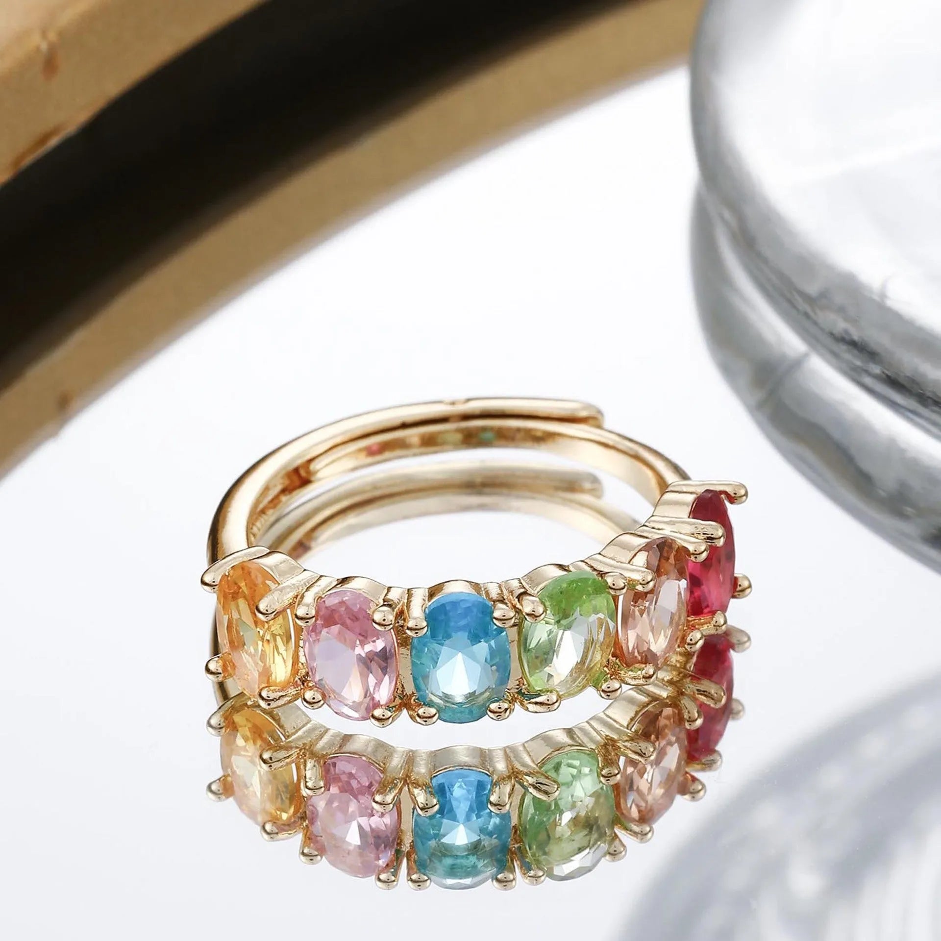 Women's gold adjustable ring with zircon detailing and retro design on copper base