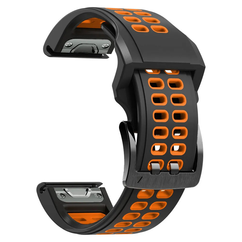 Quick release two-colour silicone watch strap in black orange combination with pin buckle