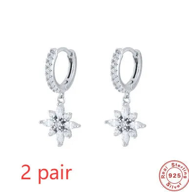 S925 sterling silver geometric snowflake earrings with gemstone inlays in gold colour options