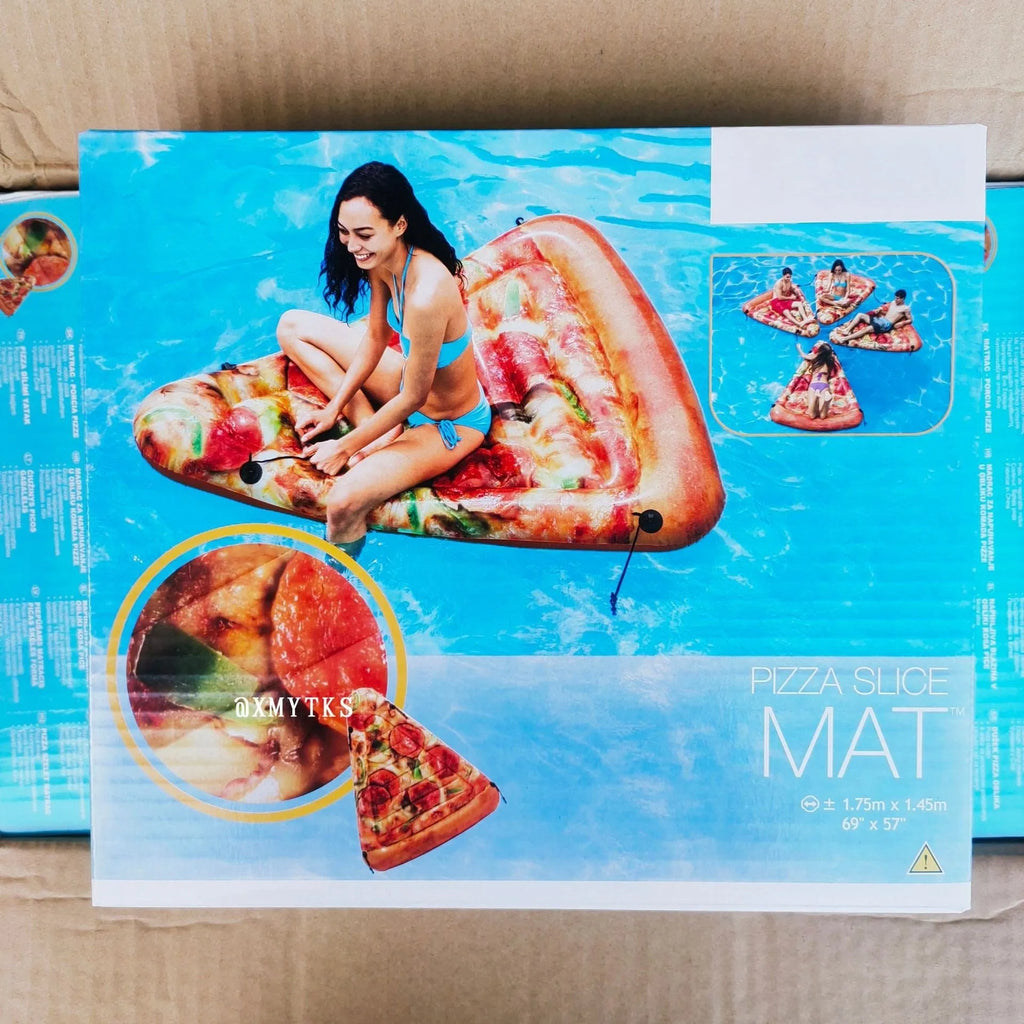 Inflatable pizza float surfboard recliner measuring 175cm by 145cm with colourful slice design