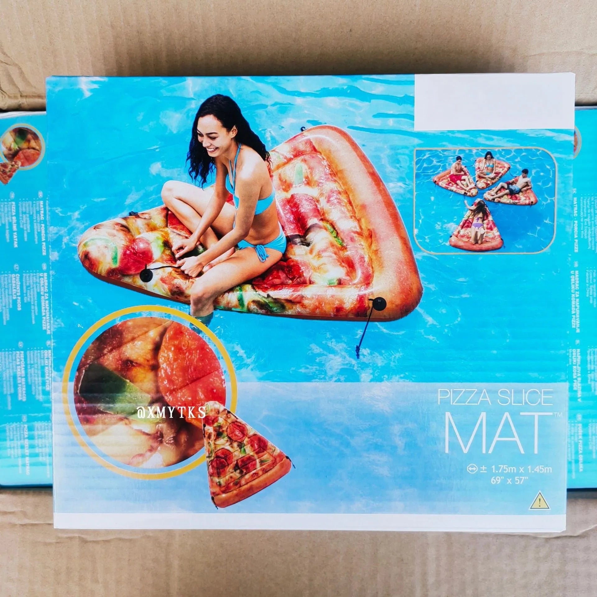 Inflatable pizza float surfboard recliner measuring 175cm by 145cm with colourful slice design
