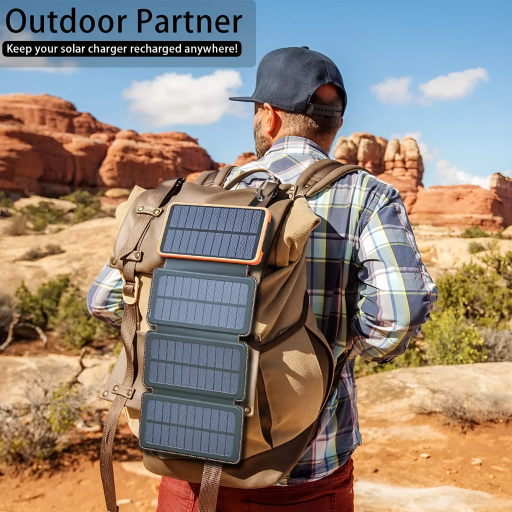 Outdoor solar phone charger in multiple colours showing solar panel, LED light, and leather finish.