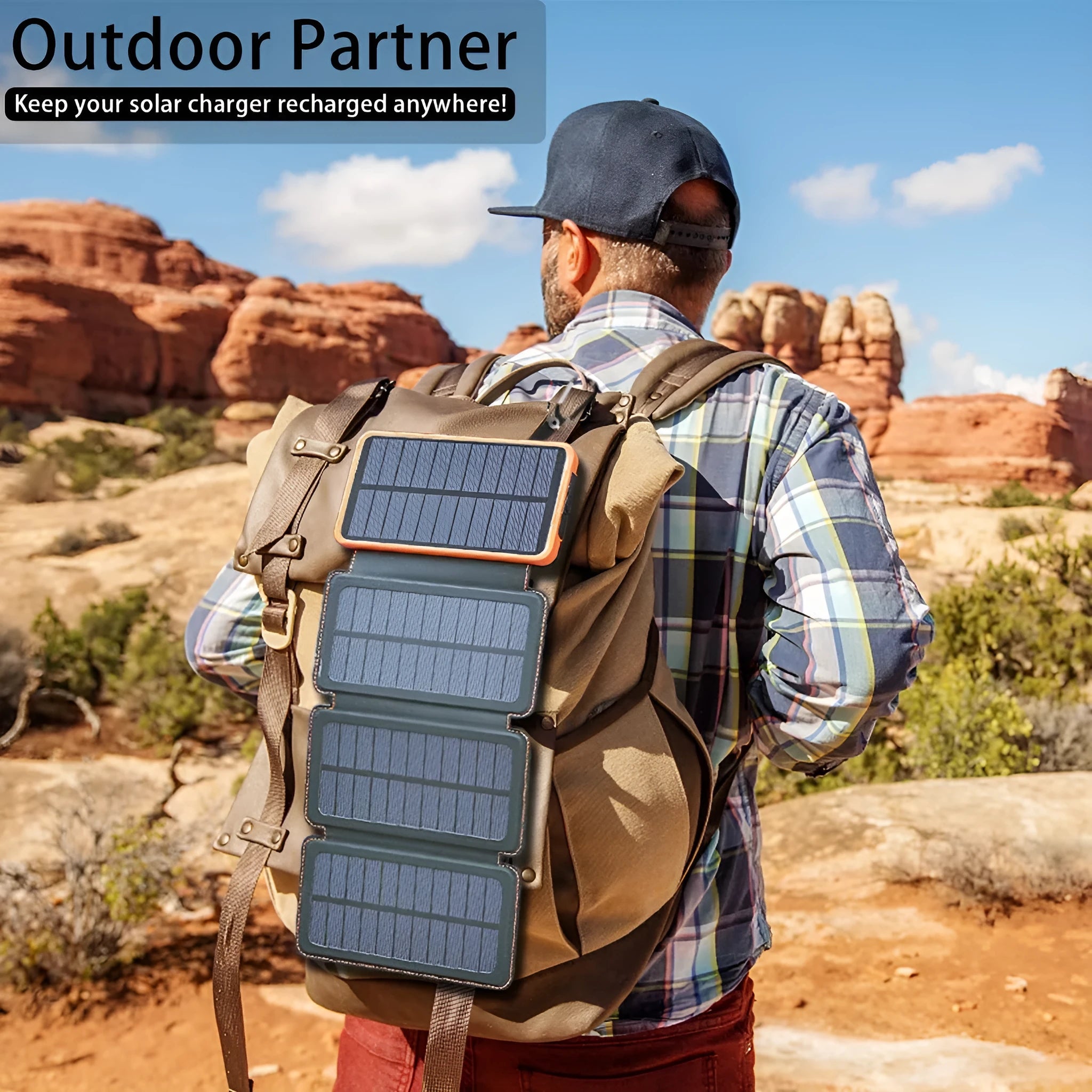 Outdoor solar phone charger in multiple colours showing solar panel, LED light, and leather finish.