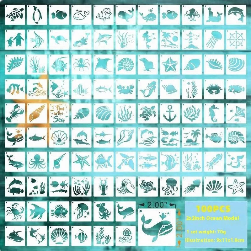 Milky white PET film hollow stencil sheets showing flower, animal, ocean, and letter designs for spray painting.