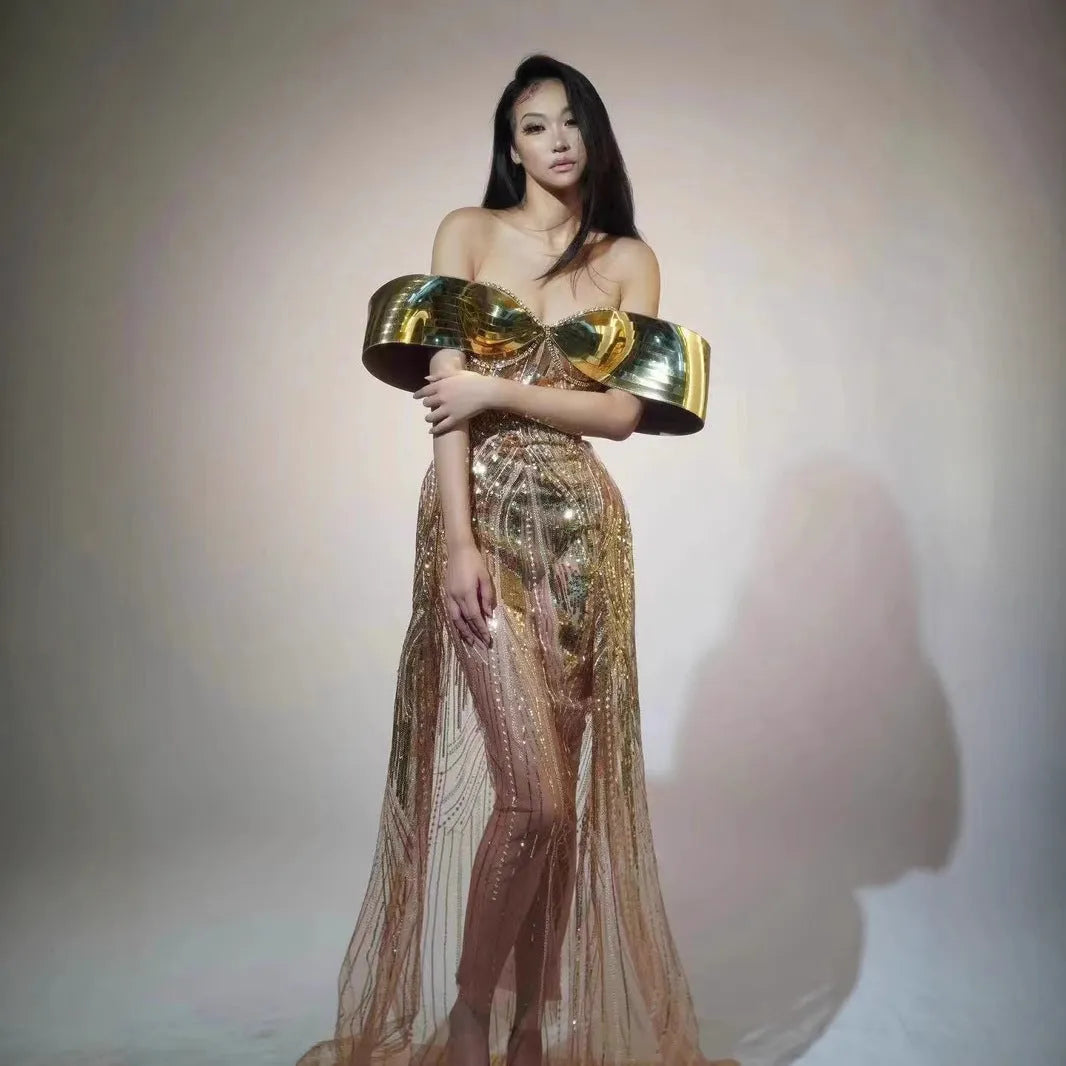 Gold strapless sequin long dress with tulle skirt and side slit for women