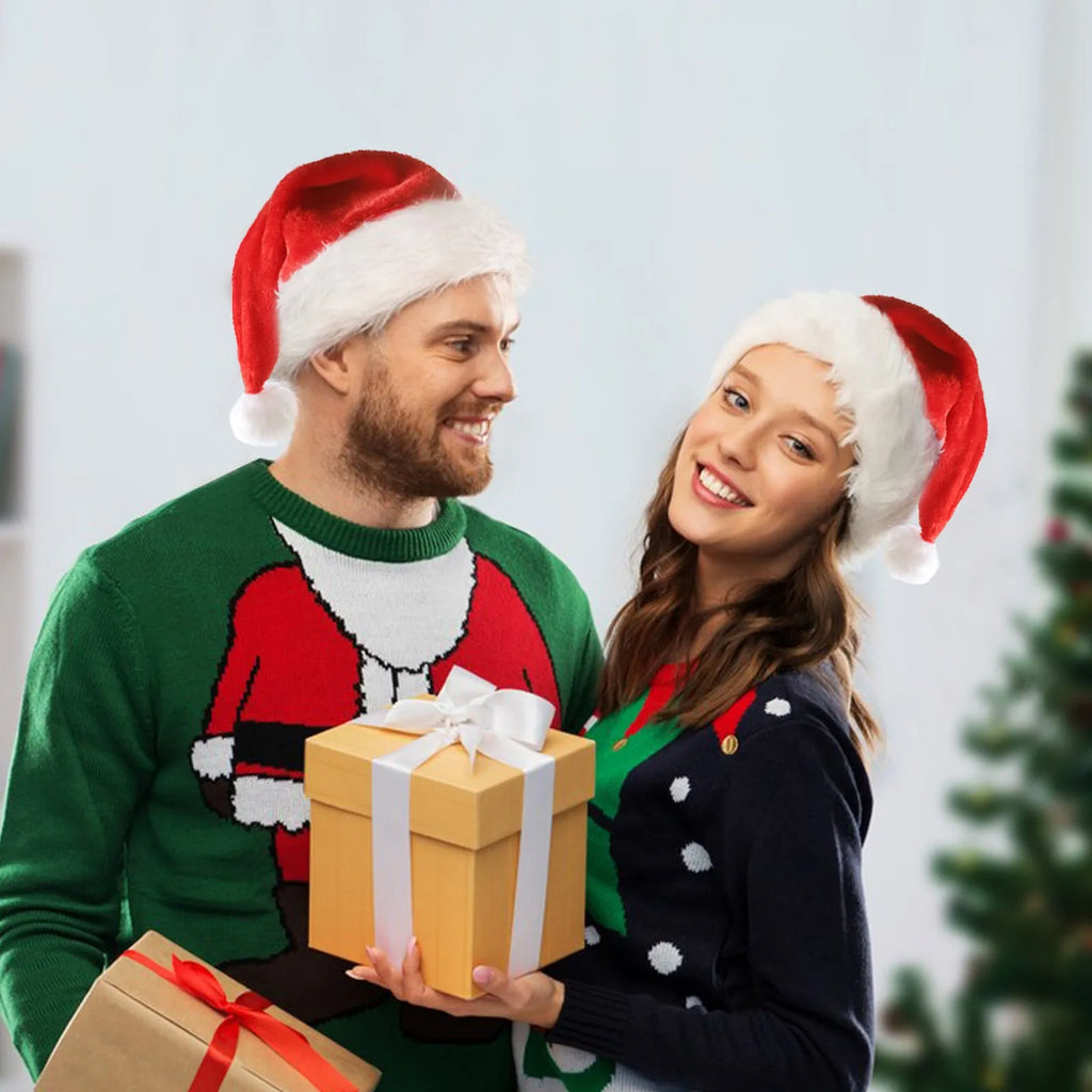 Red and white plush LED Santa hat with pom-pom and multi-coloured twinkling lights on.